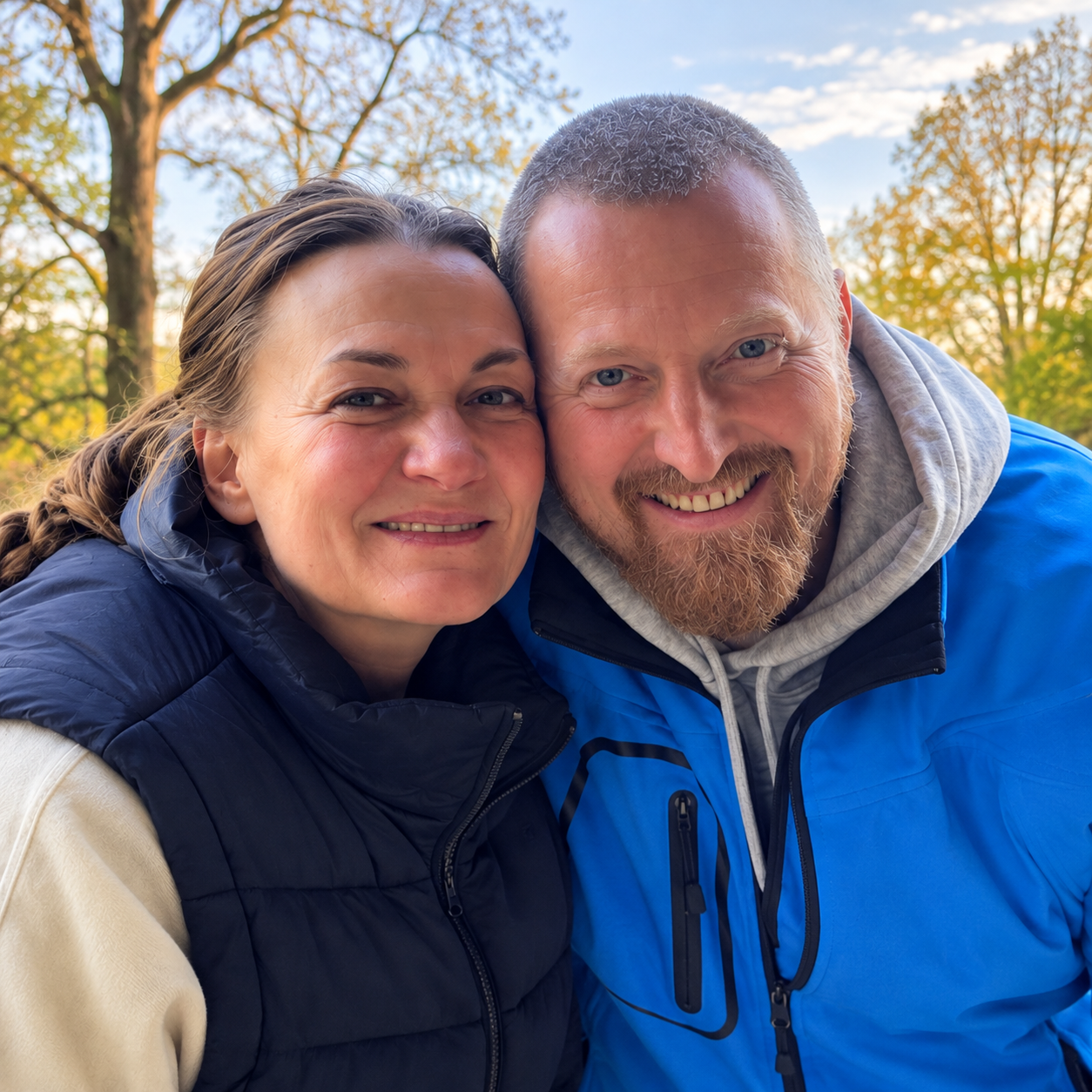 Ein Foto von Sarah und Silvo. Die beiden lächeln.
