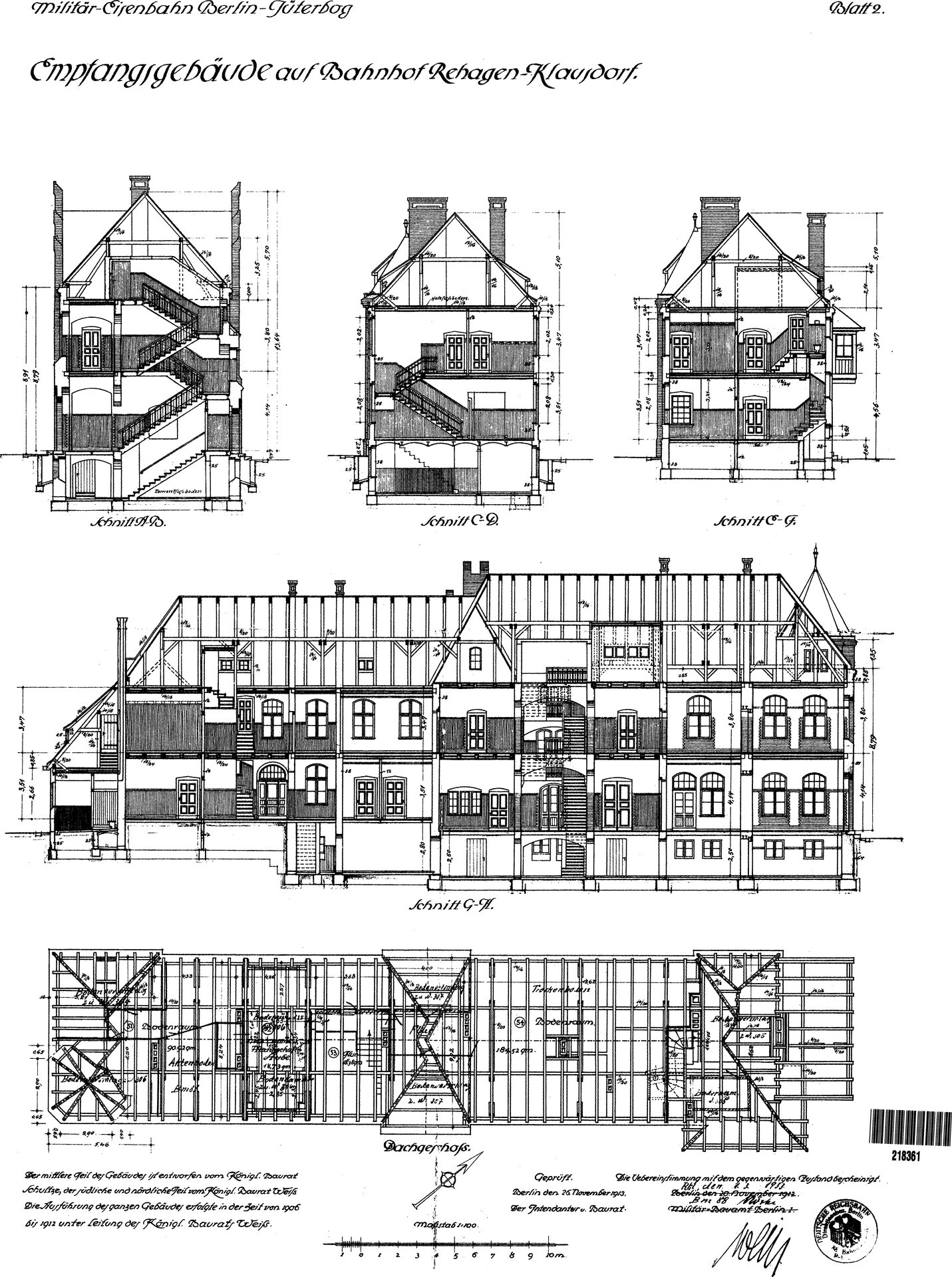 Alte Bau-Zeichnung des Bahnhofs von 1913. Man sieht in das Haus hinein: Treppen, Zimmer und das Dach.